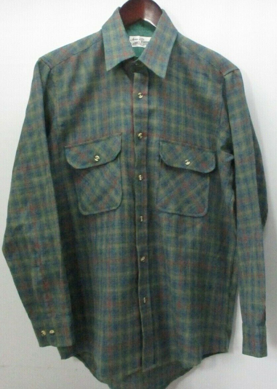 VTG SEARS ROEBUCK & CO GREEN PLAID WOOL BLEND LONG SLEEVE SHIRT MEN'S MEDIUM